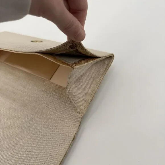 Vintage Beige Long Linen Fabric Envelope Clutch Bag Gold Tone - Picture 7 of 11